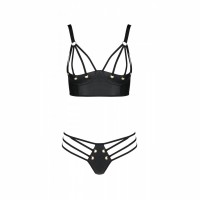 Комплект из эко-кожи Passion Malwia Bikini black L/XL с люверсами и ремешками бра и трусики