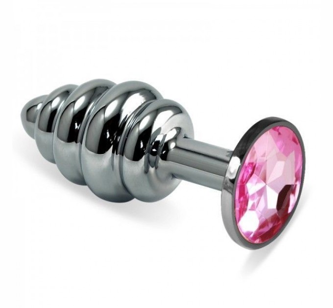 Рельефная анальная пробка с розовым камнем Lovetoy Rosebud Spiral Metal Plug 10 см Серебро