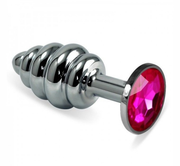 Рельефная анальная пробка с пурпурным камнем Lovetoy Rosebud Spiral Metal Plug 10 см Серебро