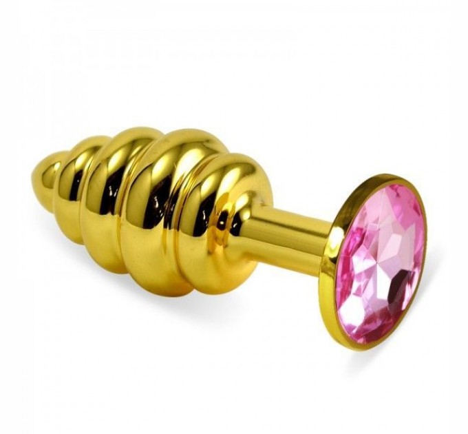 Ребристая анальная пробка с розовым кристаллом Lovetoy Rosebud Spiral Metal Plug 10 см Золото