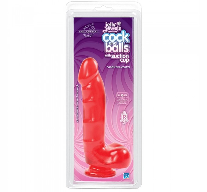 Фаллоимитатор Doc Johnson Jelly Jewels Cock and Balls Red, диаметр 3,6см, антибактериальный ПВХ