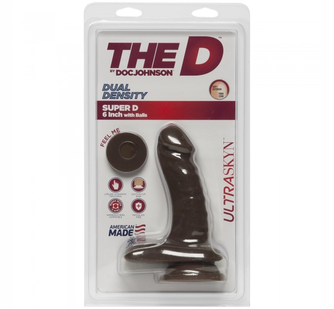 Фаллоимитатор Doc Johnson The D - Super D - 6 Inch With Balls - ULTRASKYN - Chocolate, диаметр 3,8см