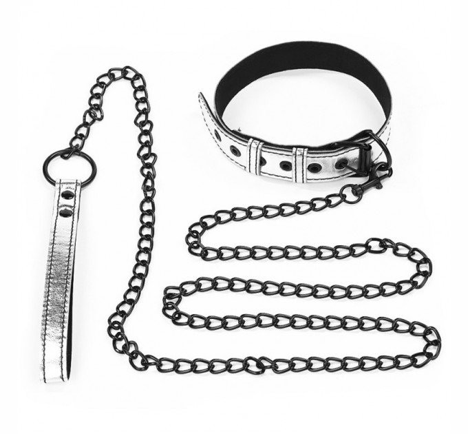 Серебристый ошейник Lovetoy Bondage Fetish Metallic Pup Collar With Leash