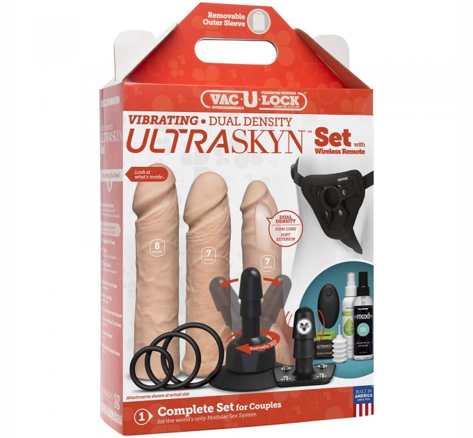 Набор для страпона Doc Johnson Vac-U-Lock VIBRATING Dual Density ULTRASKYN Set: диаметр 3×3,8 см