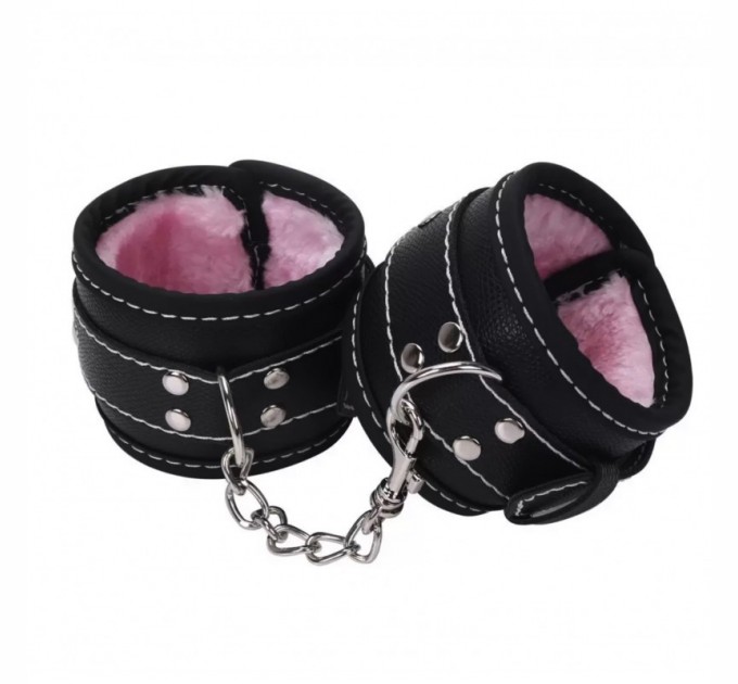 Комплект бдсм игрушек Bdsm4u черный с розовым мехом Leather Plush Set ZR019