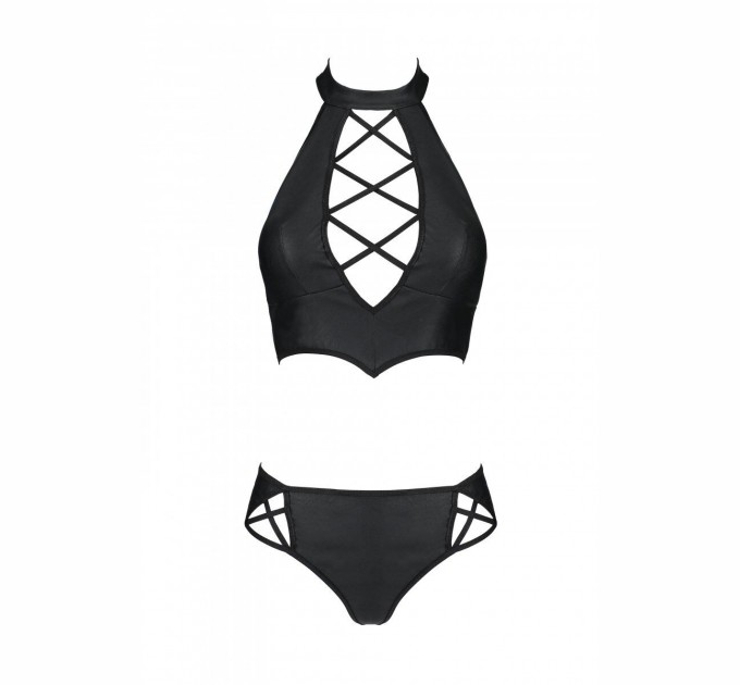 Комплект из эко-кожи бра и трусики с имитацией шнуровки Passion Nancy Bikini black L/XL