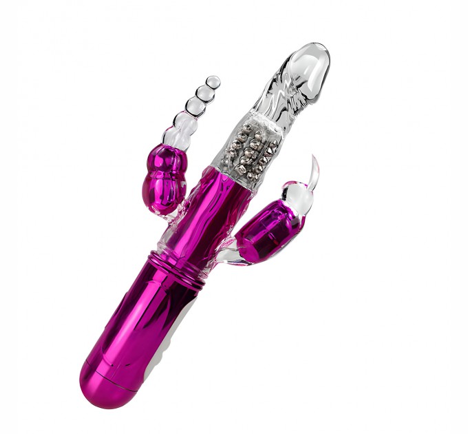Вибратор розового цвета с тройной стимуляцией и функцией ротации USB We Love