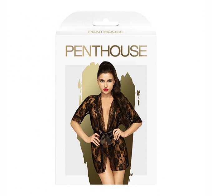 Комплект пеньюар с декором в виде роз и стрингами Penthouse - Sweet Retreat Black XL