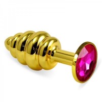 Ребристая анальная пробка с розовым кристаллом Lovetoy Rosebud Spiral Metal Plug 10 см Золото