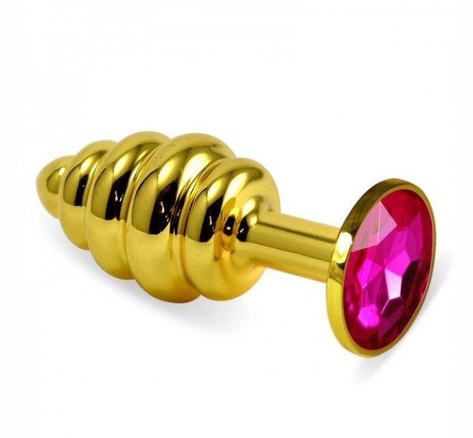 Ребристая анальная пробка с розовым кристаллом Lovetoy Rosebud Spiral Metal Plug 10 см Золото