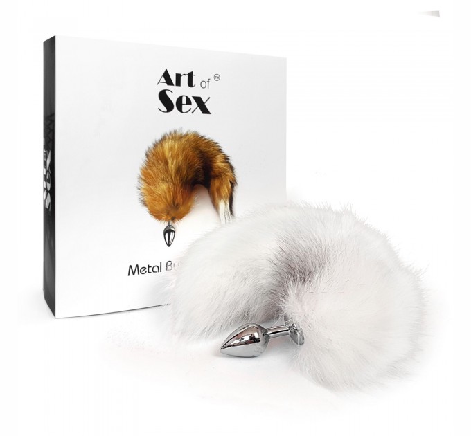 Металлическая анальная пробка с хвостом из натурального меха Art of Sex size M White fox