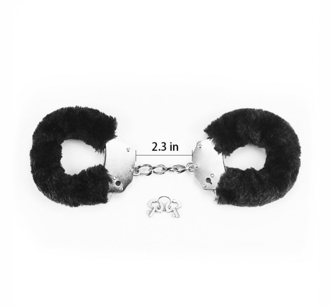 Металлические черные наручники с мехом Lovetoy Fetish Pleasure Fluffy Handcuffs