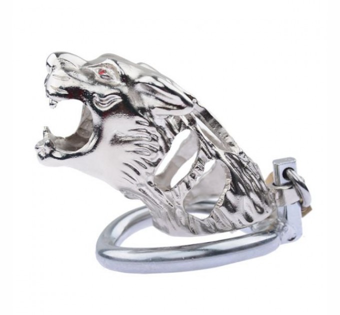 Мужской пояс верности в форме тигра Tiger Head Chastity Device 45 мм Серебро