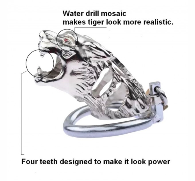 Мужской пояс верности в форме тигра Tiger Head Chastity Device 45 мм Серебро