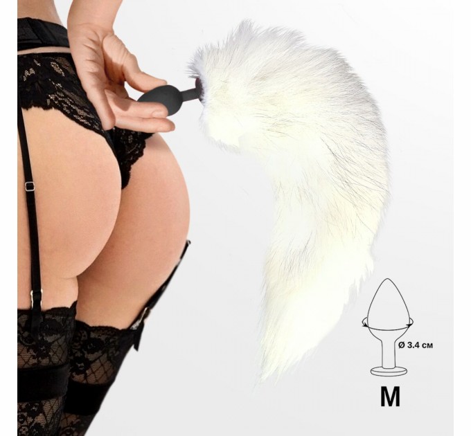 Силиконовая анальная пробка с хвостом из натурального меха Art of Sex size M White fox