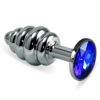 Рельефная анальная пробка с синим камнем Lovetoy Rosebud Spiral Metal Plug 10 см Серебро