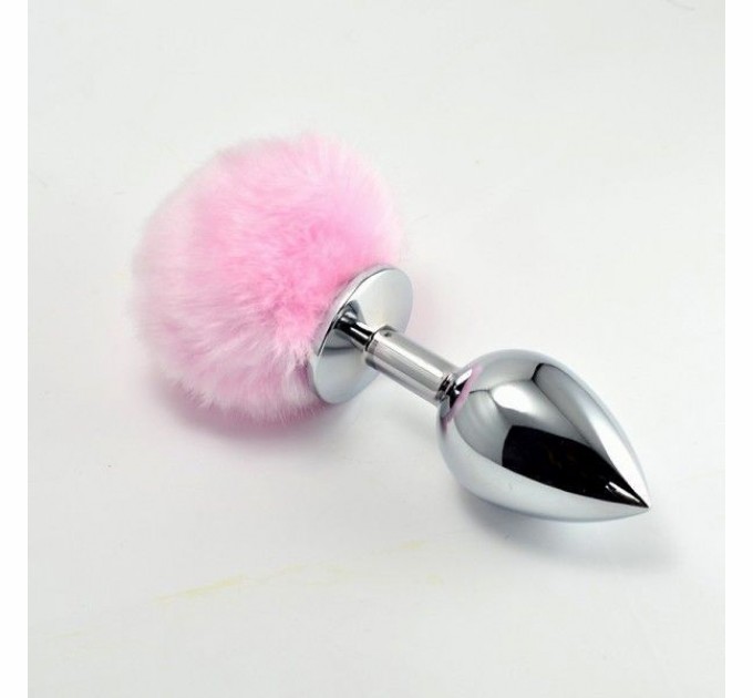 Большая металлическая пробка Lovetoy с розовым пушком Pompon Metal Plug Large Silver