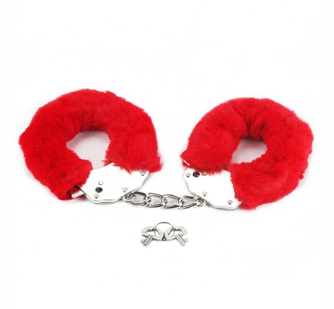 Металлические красные наручники с мехом Lovetoy Fetish Pleasure Fluffy Handcuffs