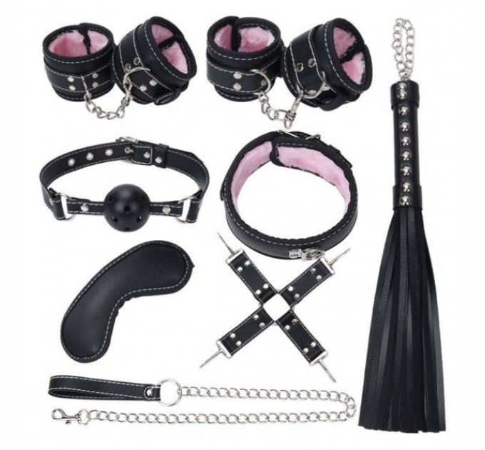 Комплект бдсм игрушек Bdsm4u черный с розовым мехом Leather Plush Set ZR019