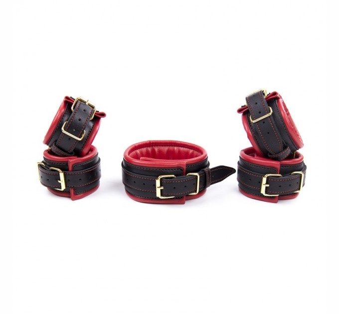 Красный бдсм набор Vscnovelty с золотой фурнитурой Red Gold Bondage Kit 3 Pieces