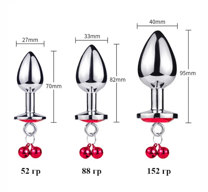 Набор металлических анальных пробок We Love с кристаллами и колокольчиками красный S M L