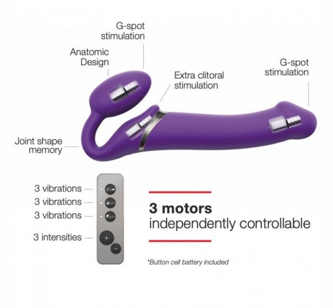 Безремневой страпон с вибрацией Strap-On-Me Vibrating Violet M диаметр 3,3см, пульт ДУ, регулируемый